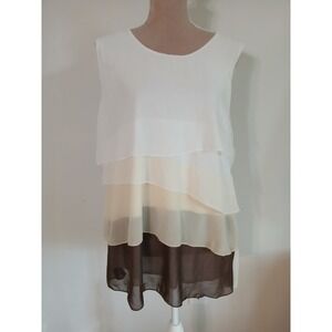 FAVOLOOK Womens 1x Tiered Ombre Chiffon Sleeveless Blouse White Brown Layered